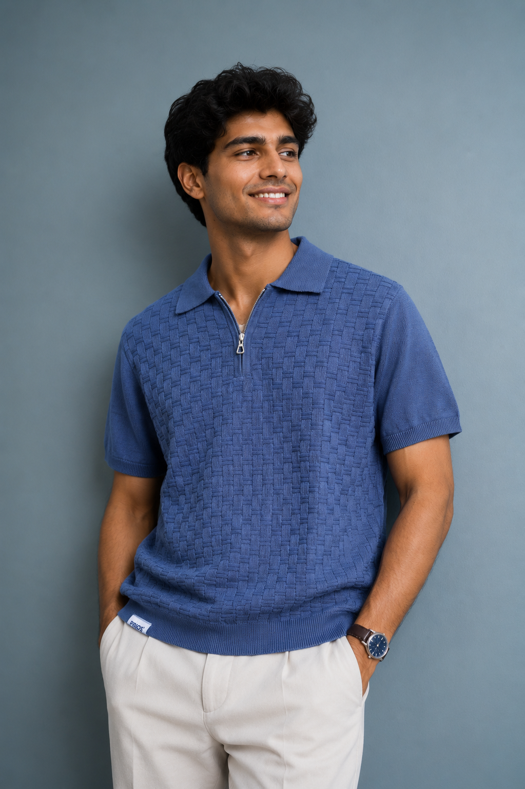 Men’s 100% Cotton Textured Knit Polo T-Shirt – Blue