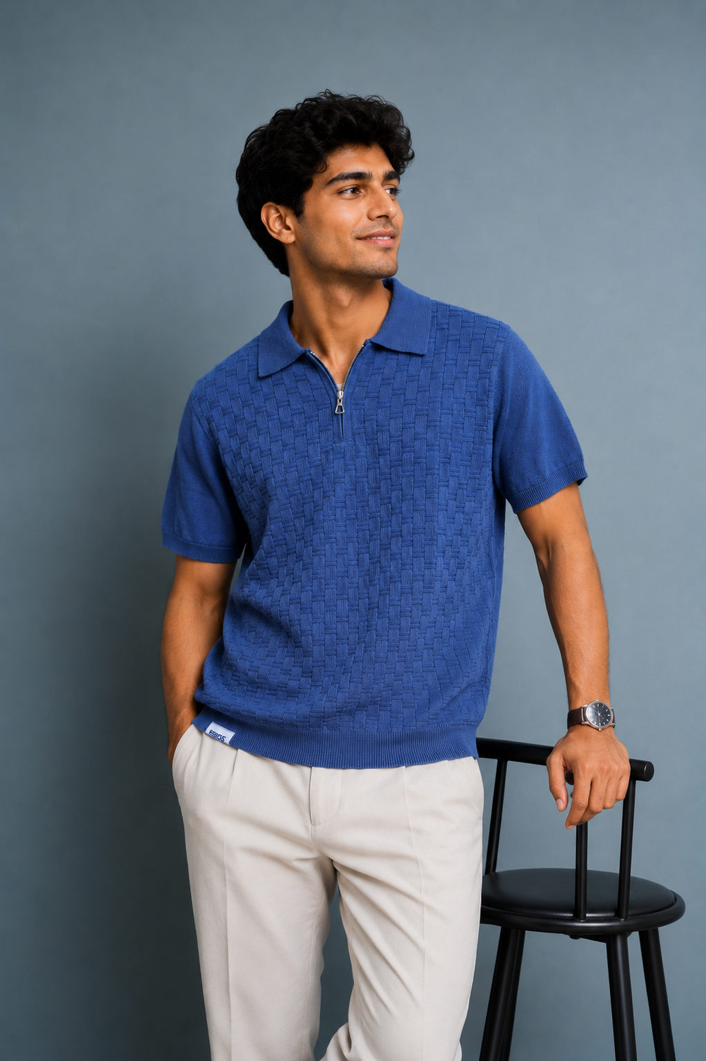 Men’s 100% Cotton Textured Knit Polo T-Shirt – Blue