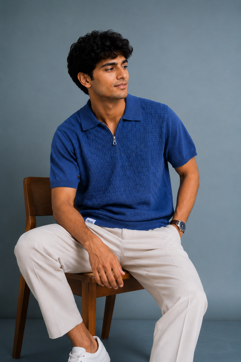 Men’s 100% Cotton Textured Knit Polo T-Shirt – Blue