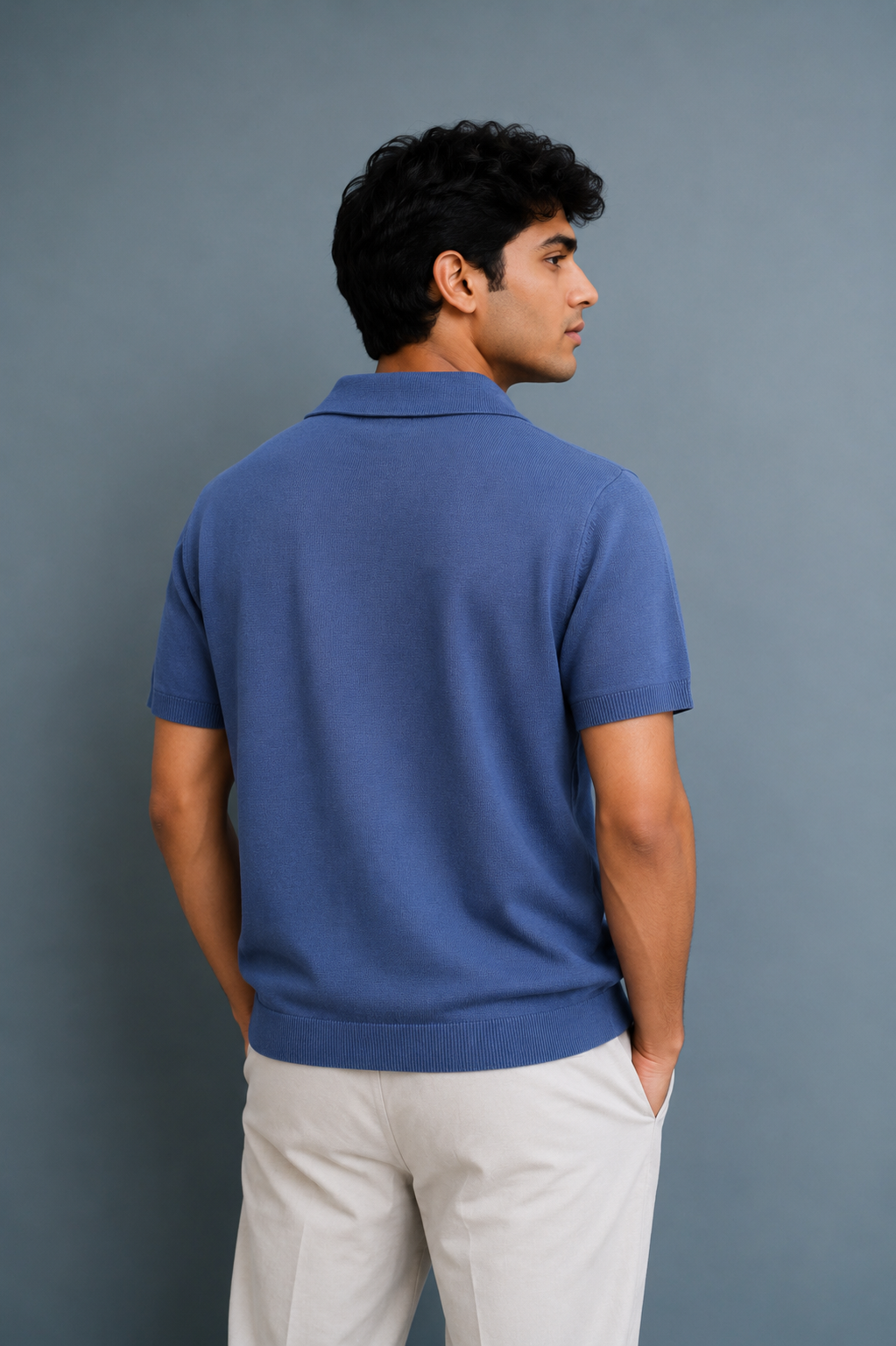 Men’s 100% Cotton Textured Knit Polo T-Shirt – Blue