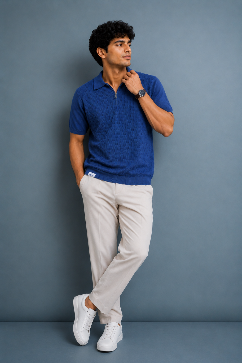 Men’s 100% Cotton Textured Knit Polo T-Shirt – Blue