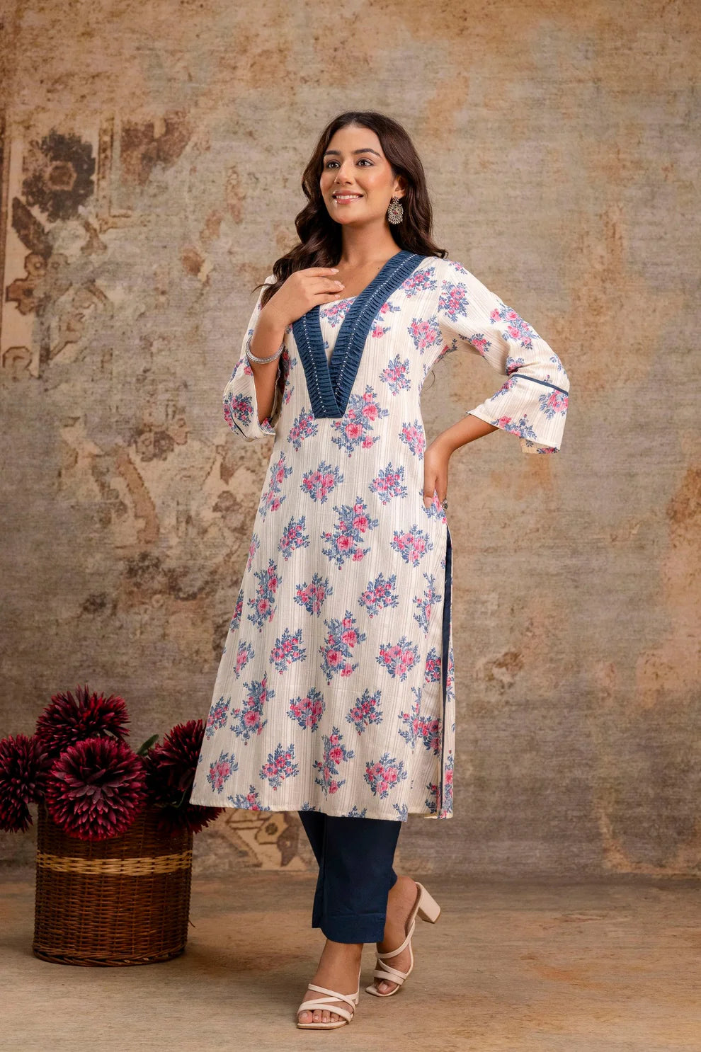 Teal White Pure Cotton Floral Kurta Set