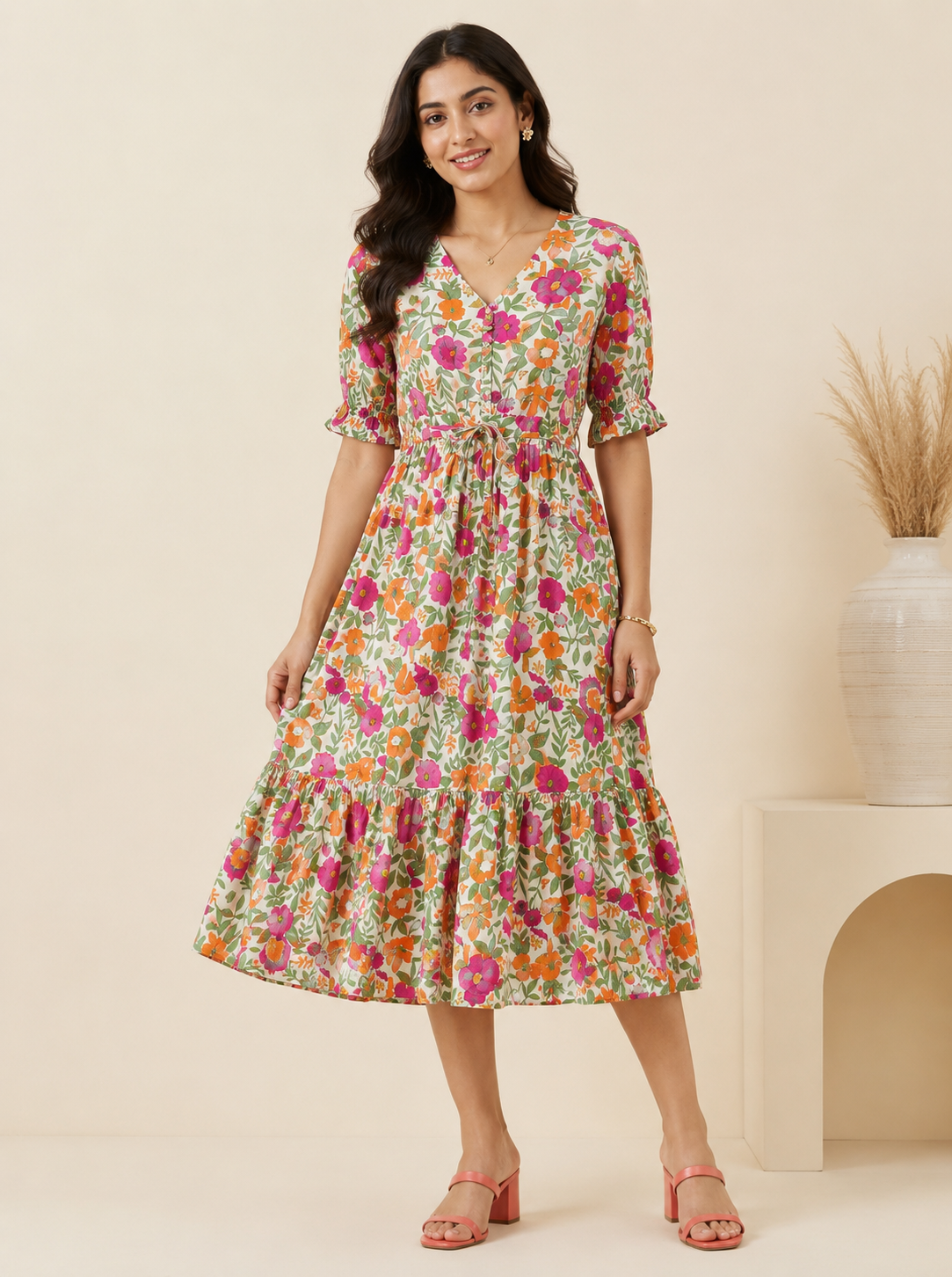 Multicolor Floral Cotton Middy Dress