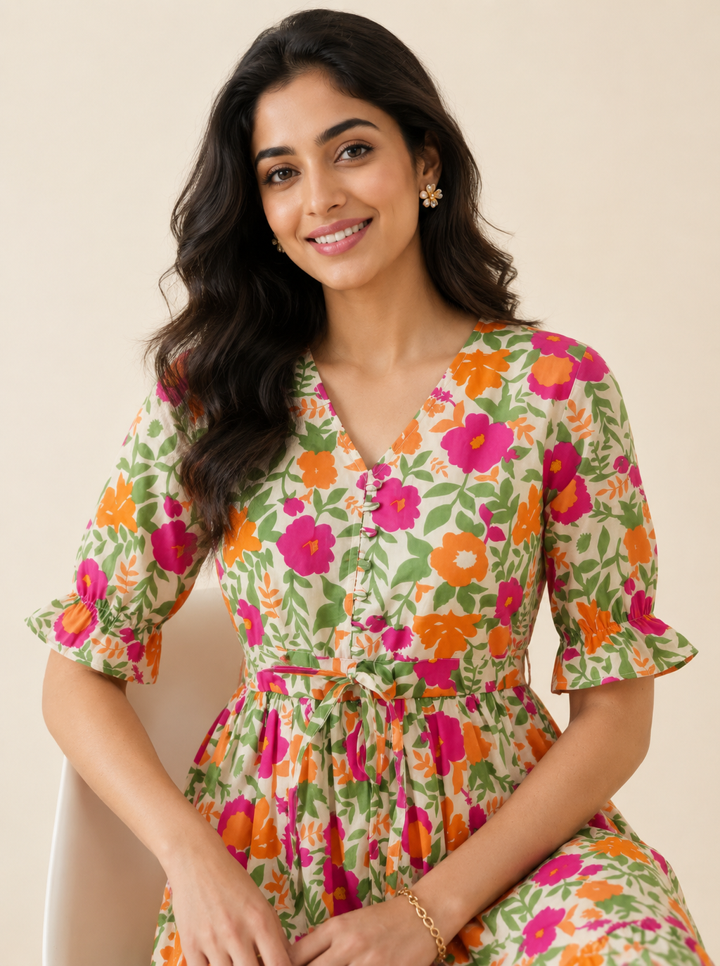 Multicolor Floral Cotton Middy Dress