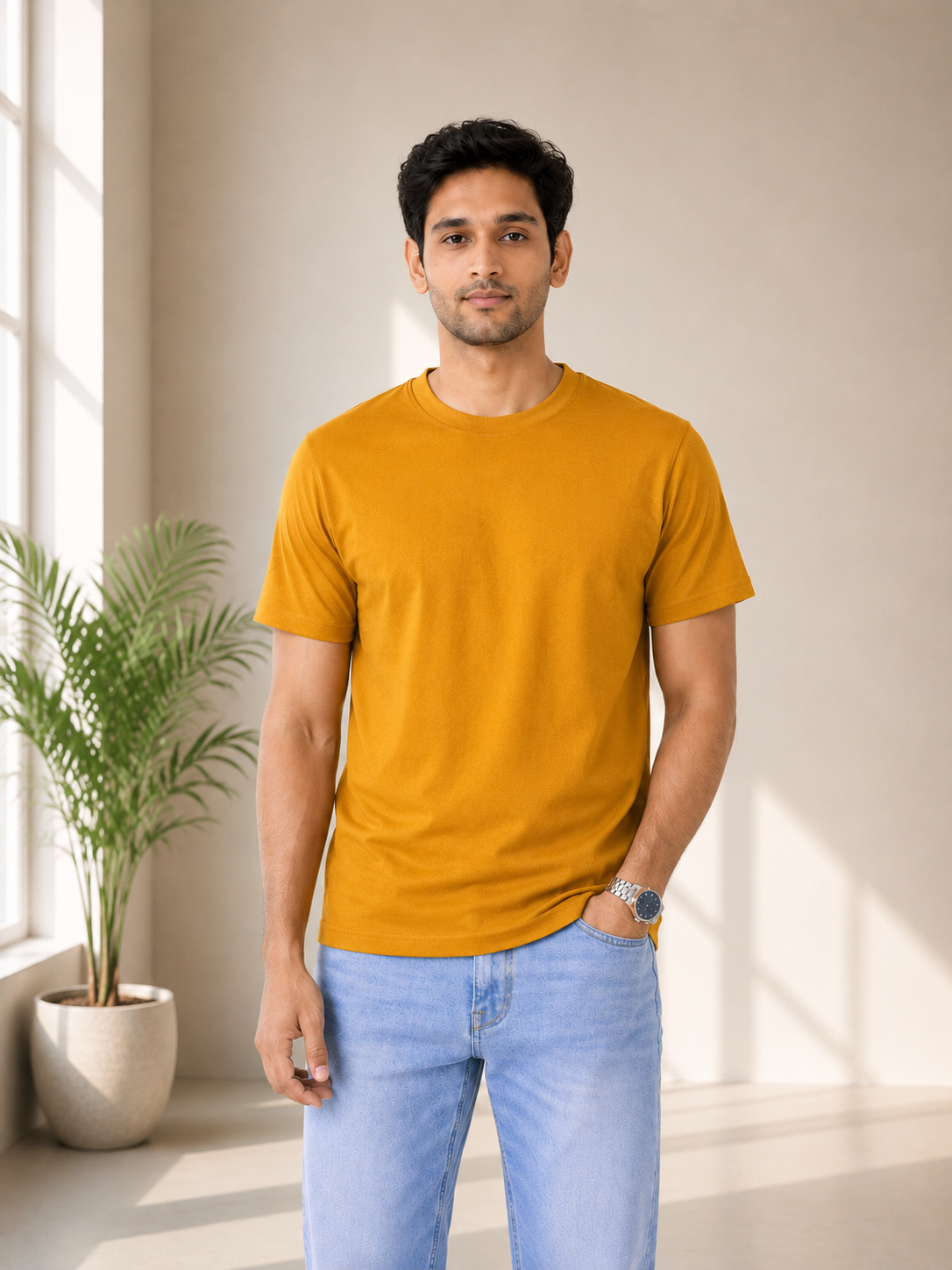 Man wearing a mustard yellow t-shirt and light blue jeans standing in a bright room with a plant.