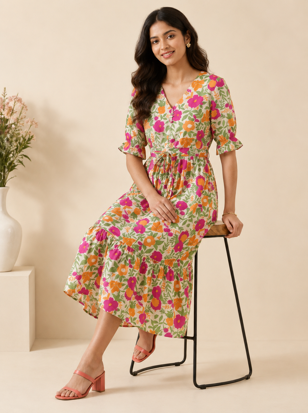 Multicolor Floral Cotton Middy Dress