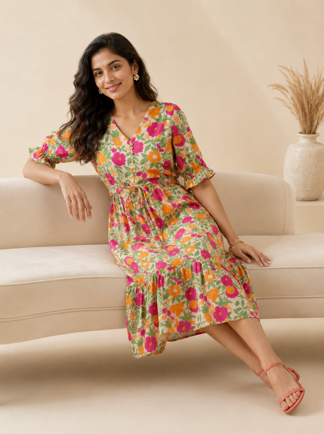 Multicolor Floral Cotton Middy Dress