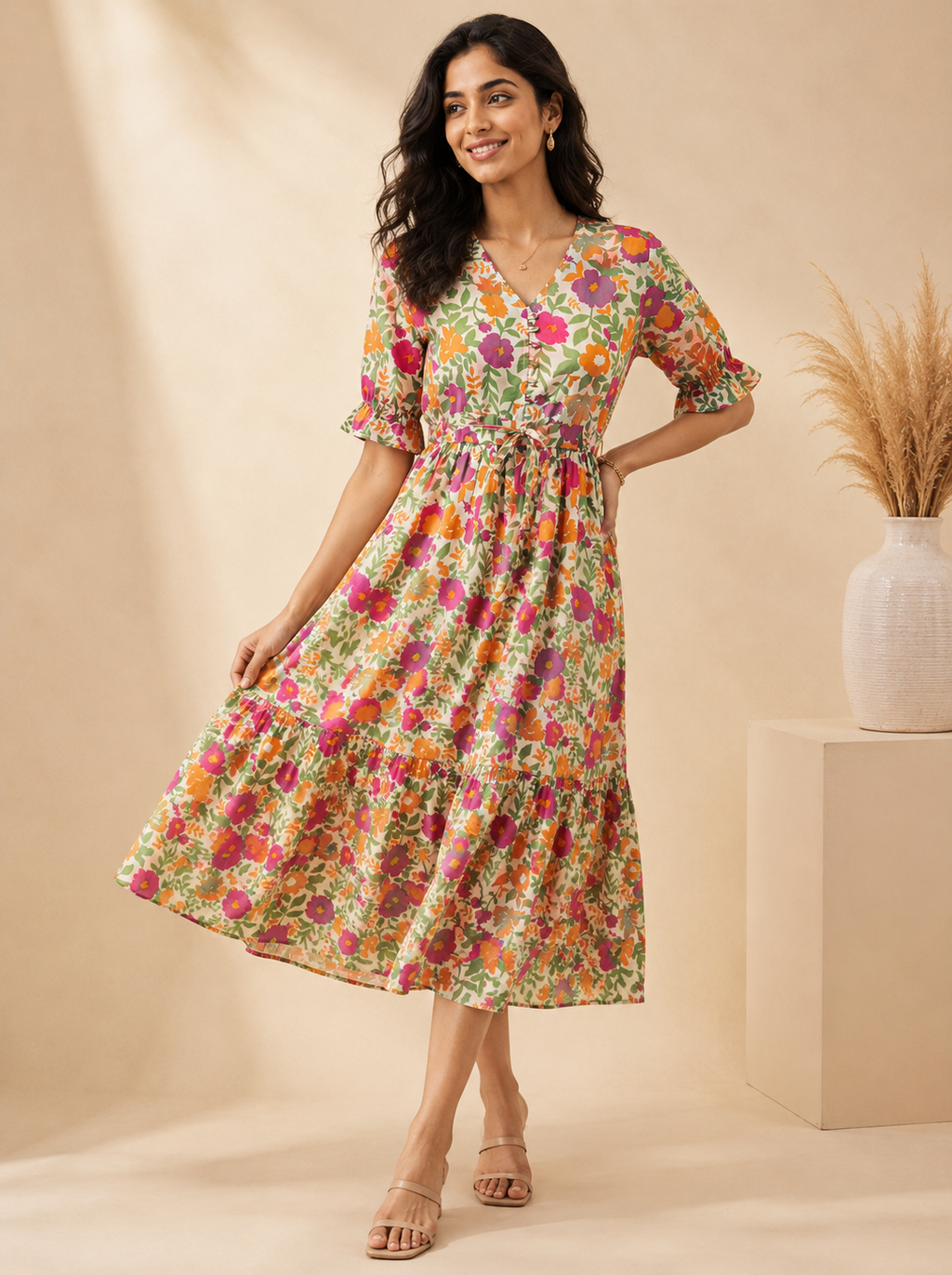 Multicolor Floral Cotton Middy Dress