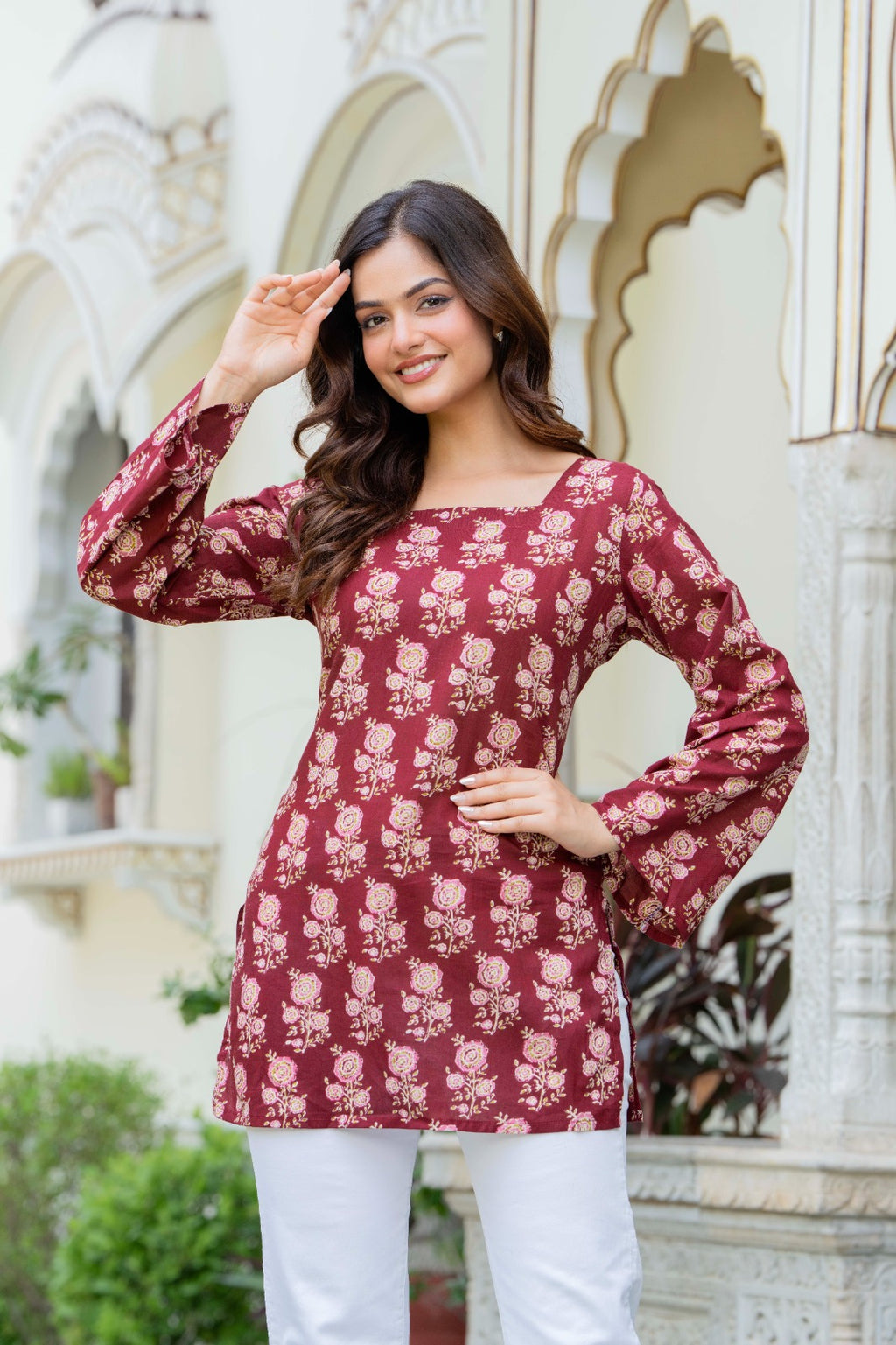 Women’s Cotton Printed Summer Tunic Top – Maroon Ethnic Print