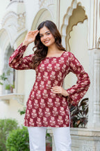 Women’s Cotton Printed Summer Tunic Top – Maroon Ethnic Print