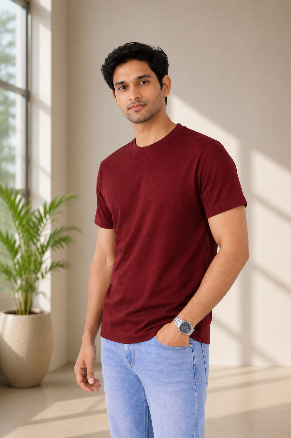 Man wearing a maroon t-shirt and light blue jeans standing indoors with a plant in the background