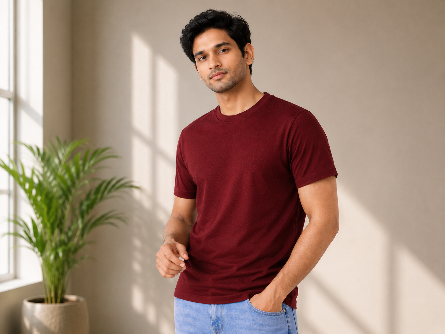 Man wearing a maroon t-shirt standing in a room with a plant and sunlight.