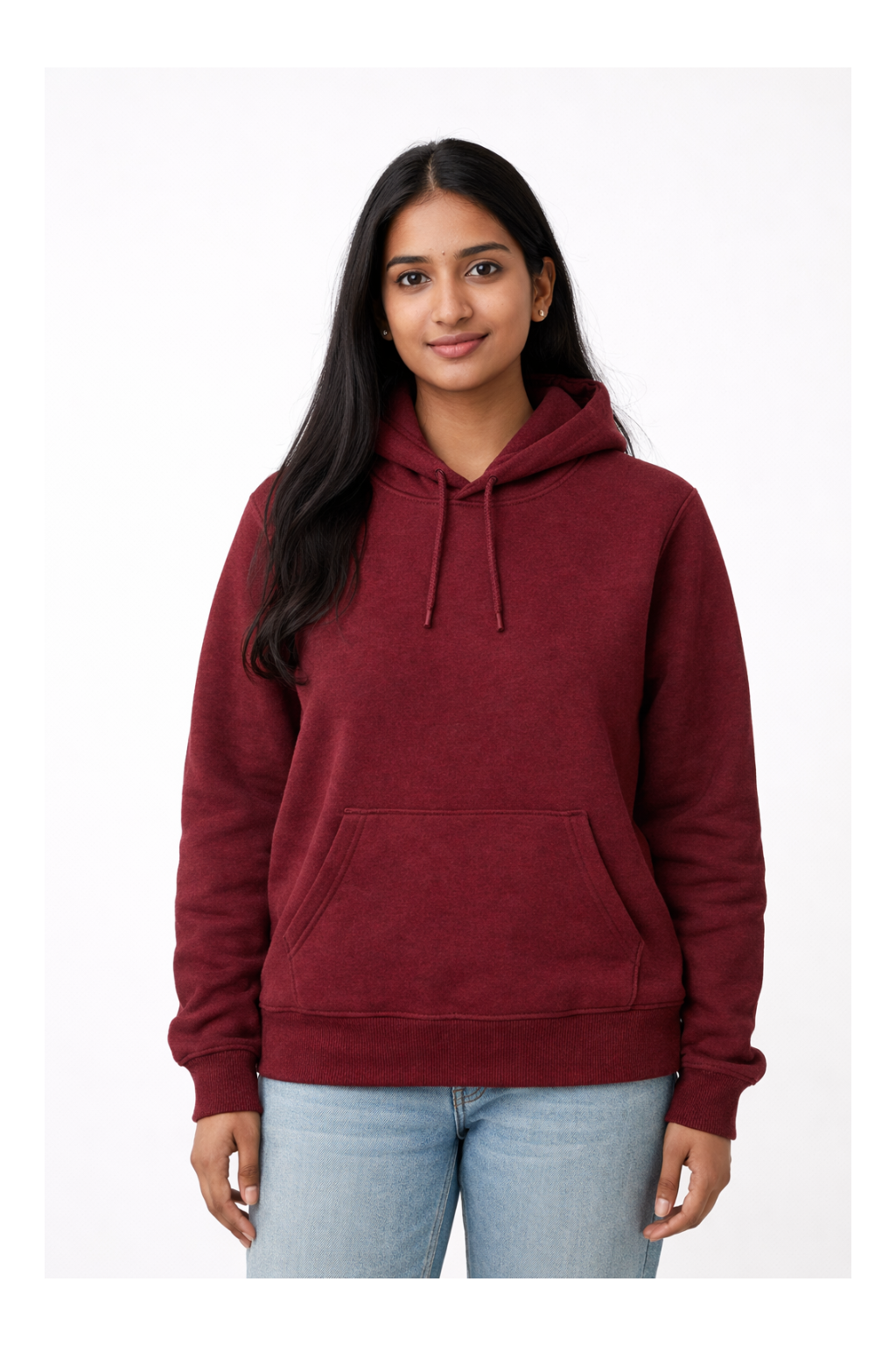 Woman wearing a maroon hoodie on a white background