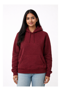 Woman wearing a maroon hoodie on a white background