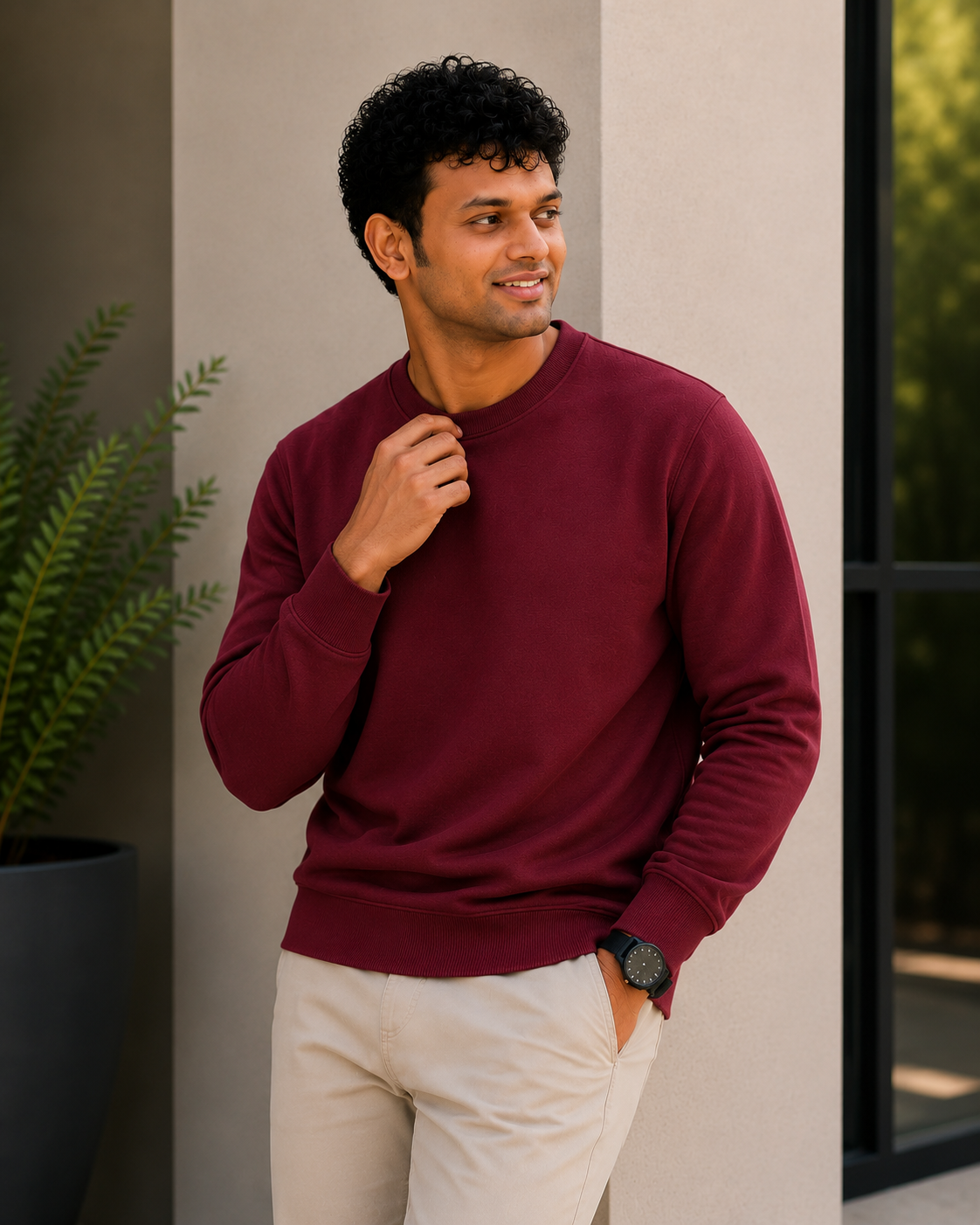Man wearing a maroon sweater and beige pants standing against a neutral wall.