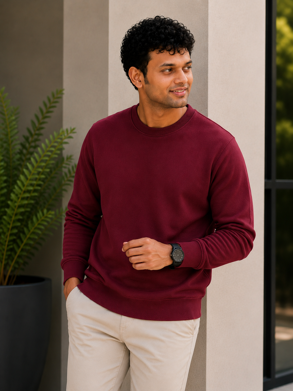 Man wearing a maroon sweater and beige pants standing against a neutral wall with a plant in the background.