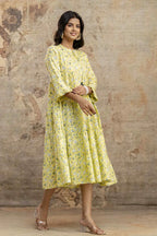 Yellow Floral Printed Pure Cotton Midi Dress for Women