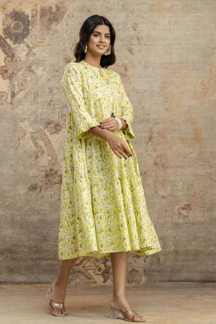 Yellow Floral Printed Pure Cotton Midi Dress for Women