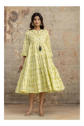 Yellow Floral Printed Pure Cotton Midi Dress for Women
