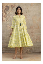 Yellow Floral Printed Pure Cotton Midi Dress for Women