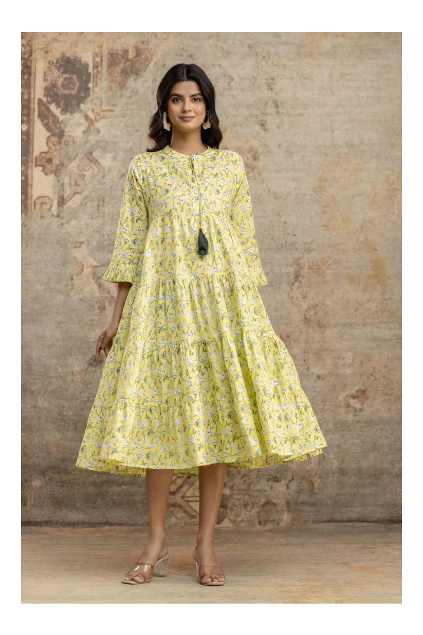 Yellow Floral Printed Pure Cotton Midi Dress for Women