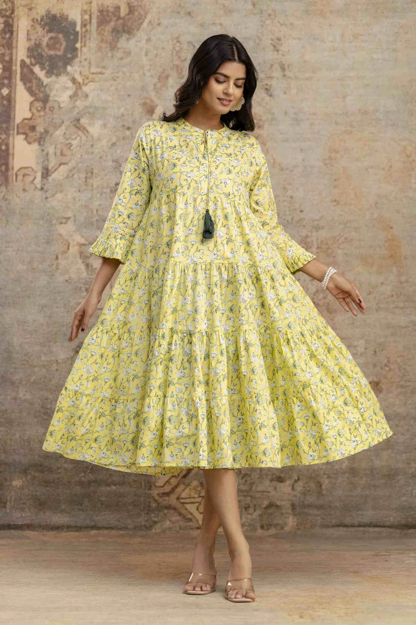 Yellow Floral Printed Pure Cotton Midi Dress for Women