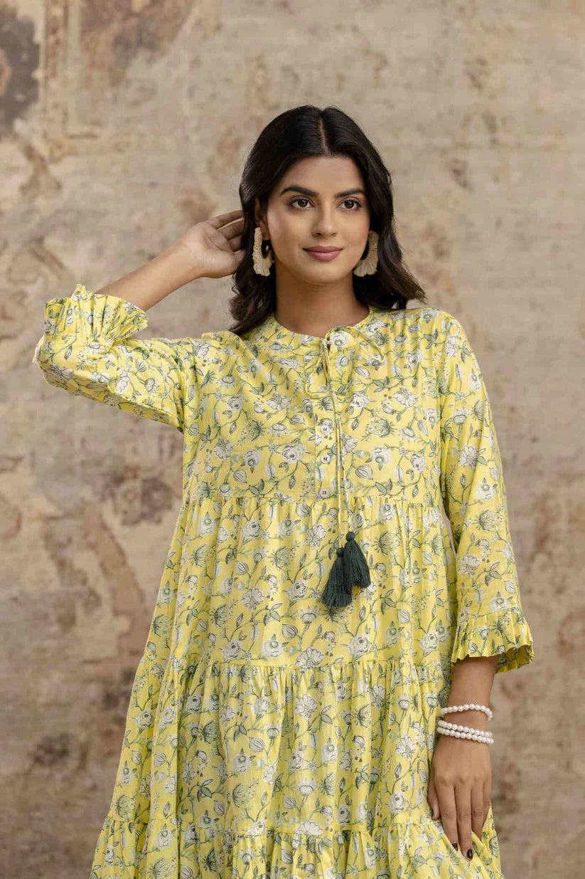 Yellow Floral Printed Pure Cotton Midi Dress for Women