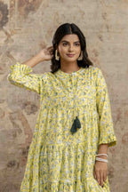 Yellow Floral Printed Pure Cotton Midi Dress for Women