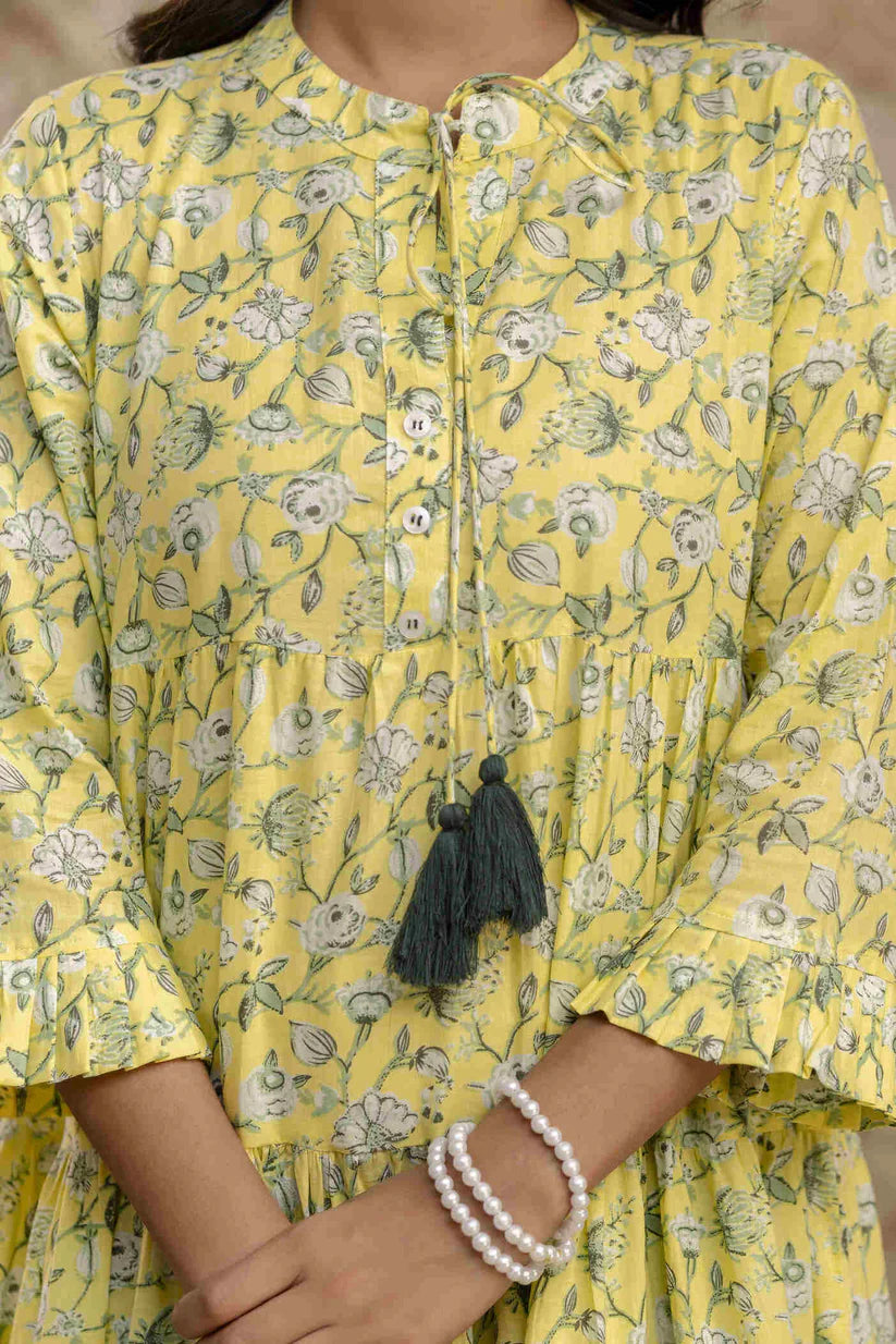 Yellow Floral Printed Pure Cotton Midi Dress for Women