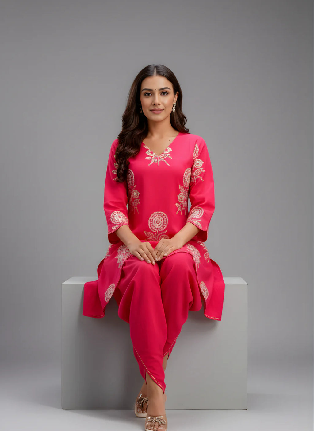 Designer Pink Co-ord Set with Tulip Pants & White Floral Embroidery