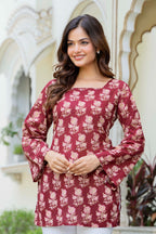 Women’s Cotton Printed Summer Tunic Top – Maroon Ethnic Print