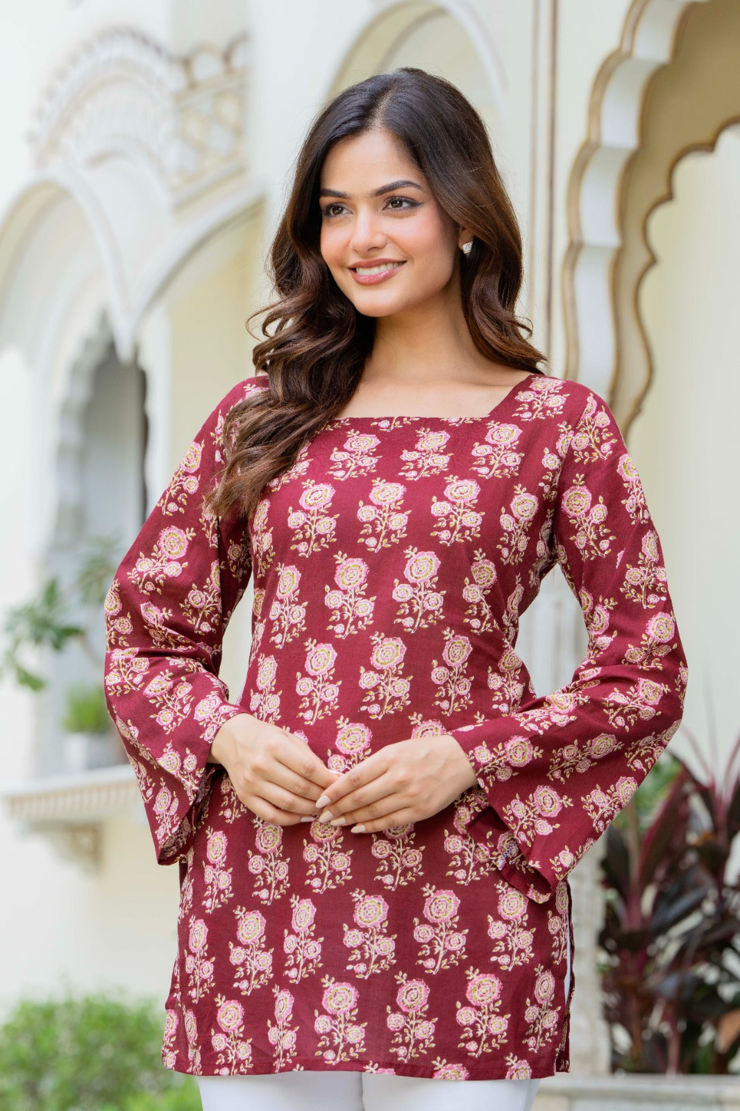 Women’s Cotton Printed Summer Tunic Top – Maroon Ethnic Print