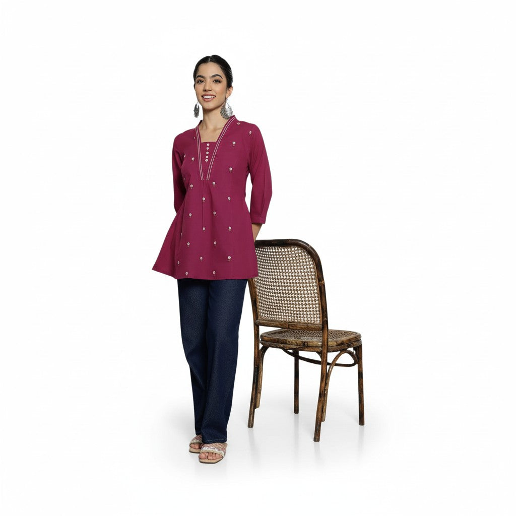 Women’s Magenta Cotton Embroidered Short Top