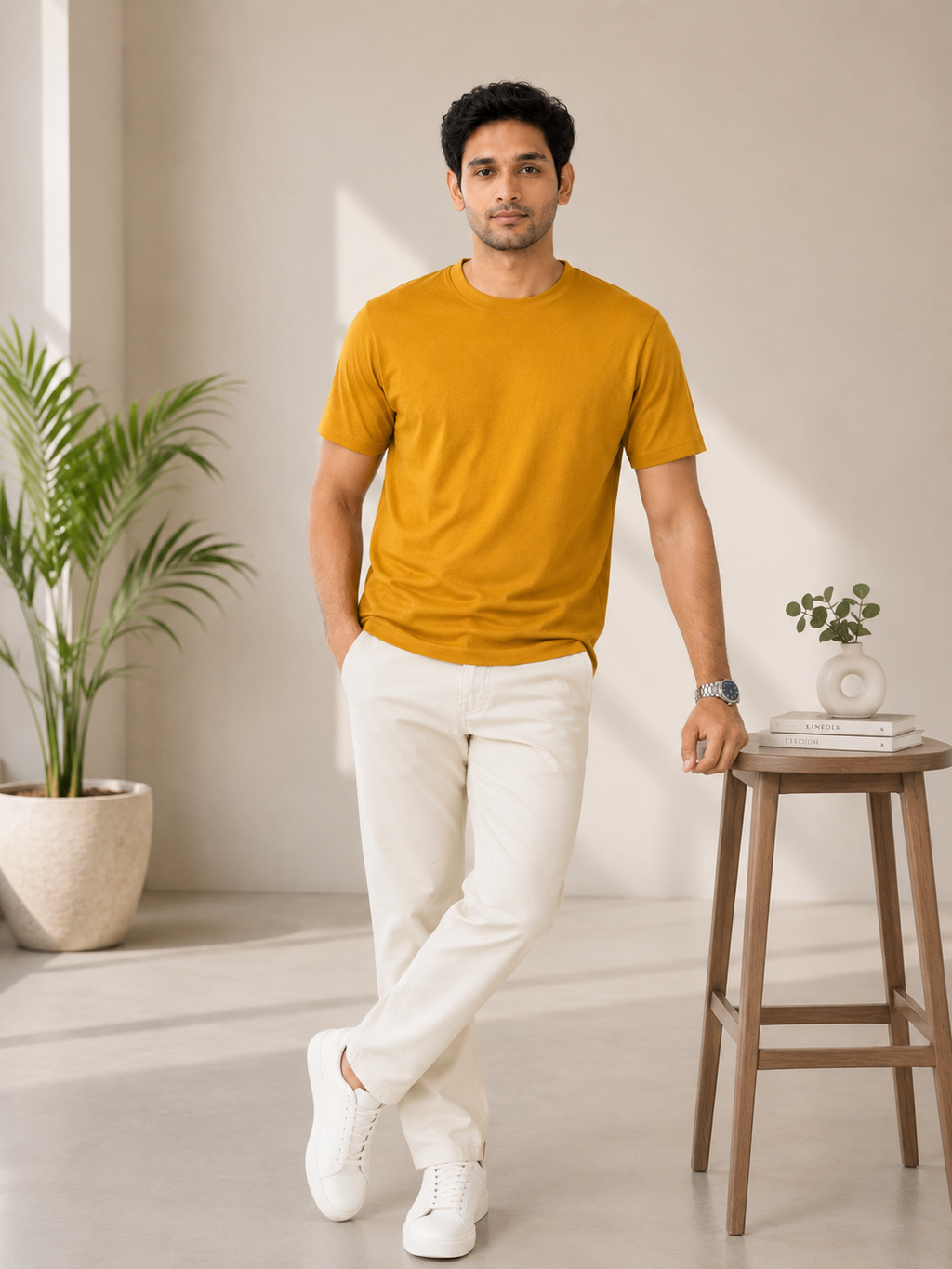 Man wearing a mustard yellow t-shirt and white pants standing in a minimalistic room with plants.