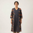 Women’s Elegant Printed Cotton Kurti | V-Neck A-Line Ethnic Dress