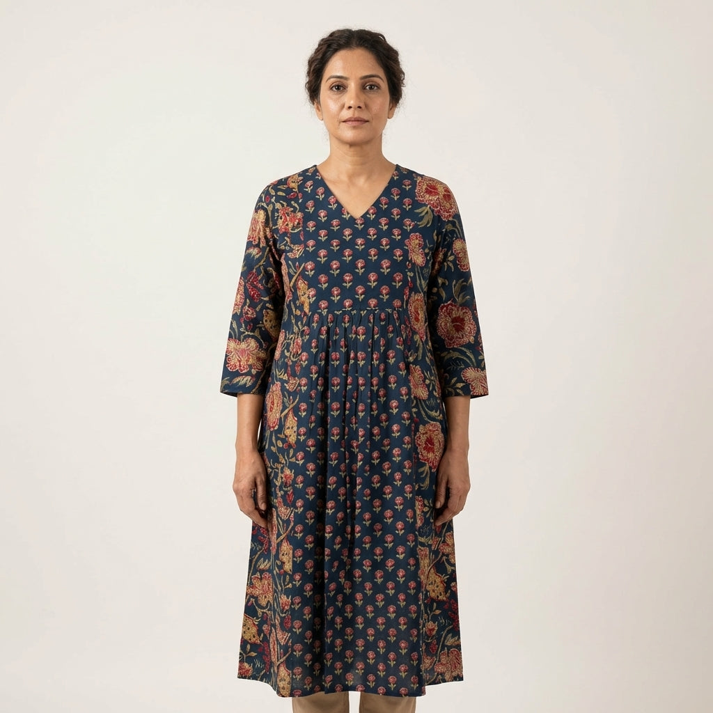 Women’s Elegant Printed Cotton Kurti | V-Neck A-Line Ethnic Dress