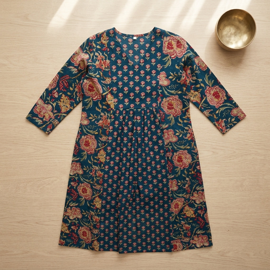 Women’s Elegant Printed Cotton Kurti | V-Neck A-Line Ethnic Dress