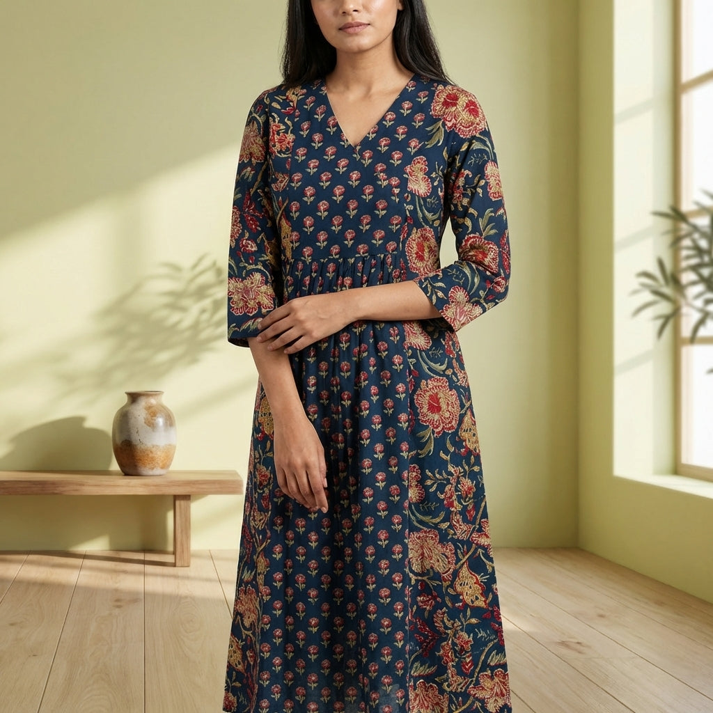 Women’s Elegant Printed Cotton Kurti | V-Neck A-Line Ethnic Dress
