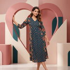 Women’s Elegant Printed Cotton Kurti | V-Neck A-Line Ethnic Dress