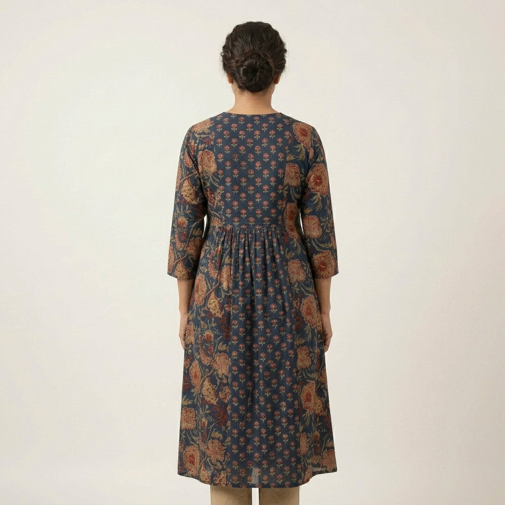 Women’s Elegant Printed Cotton Kurti | V-Neck A-Line Ethnic Dress