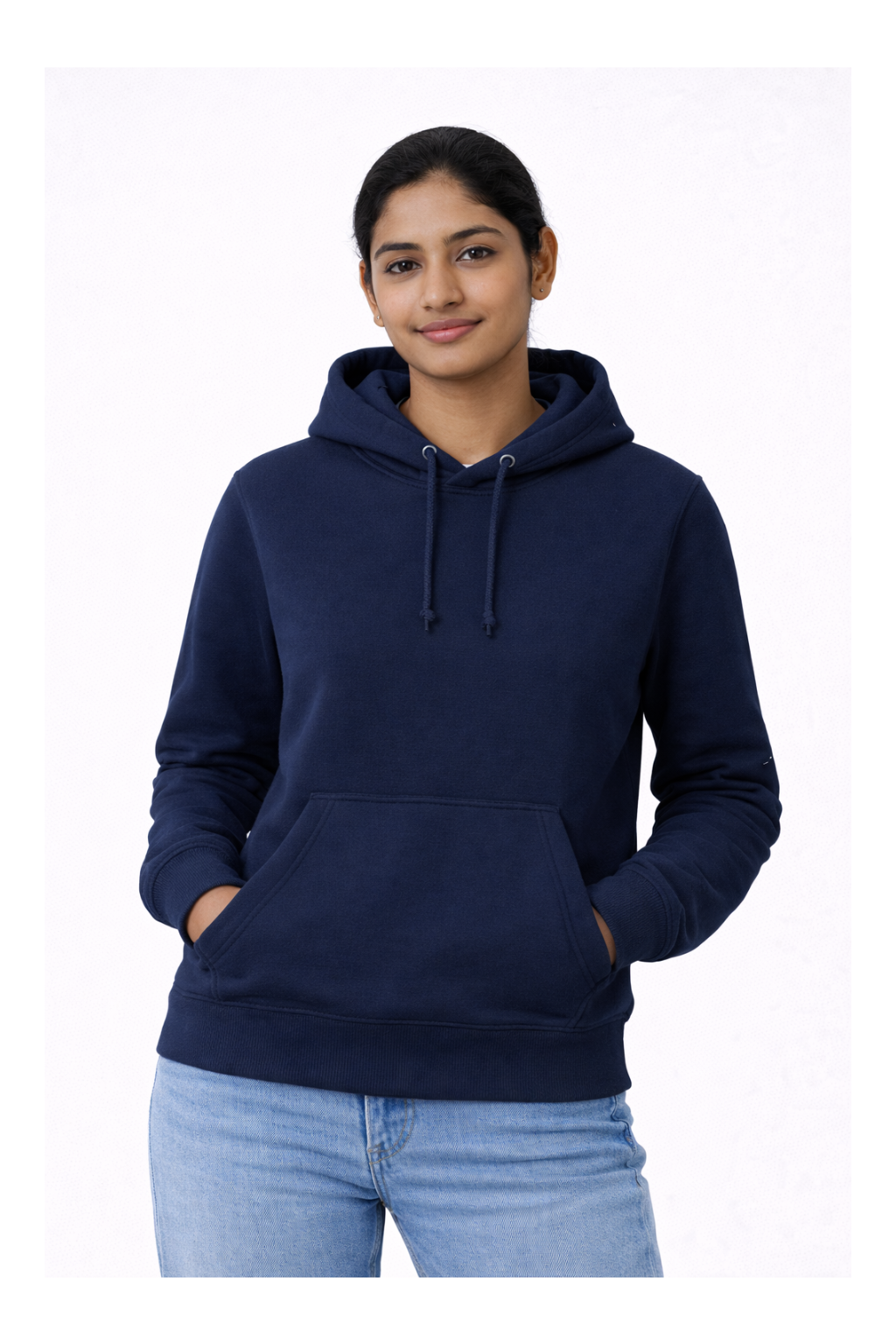 Person wearing a navy blue hoodie on a white background