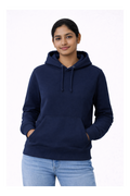 Person wearing a navy blue hoodie on a white background