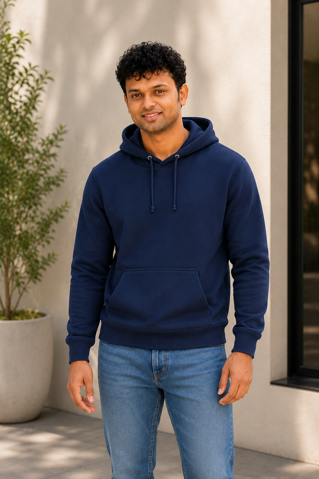 Man wearing a navy blue hoodie and light blue jeans standing outdoors.