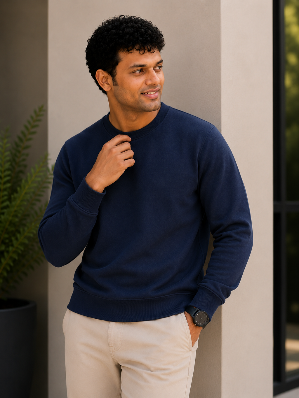 Man wearing a navy sweater and beige pants standing against a neutral wall.