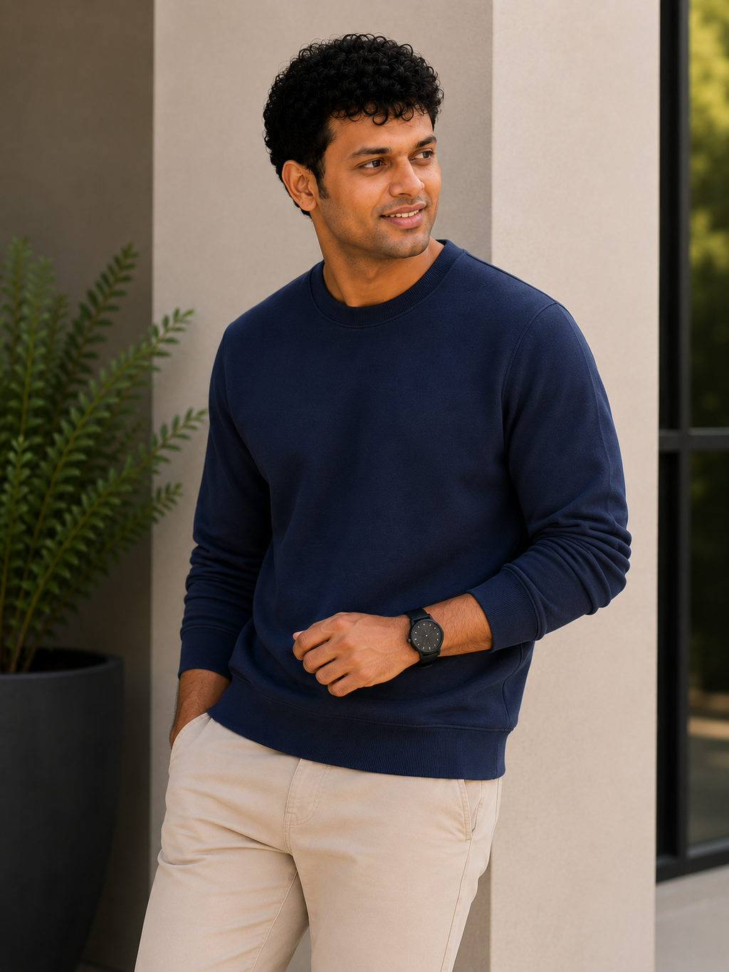 Man wearing a navy sweater and beige pants standing against a neutral wall with a plant.