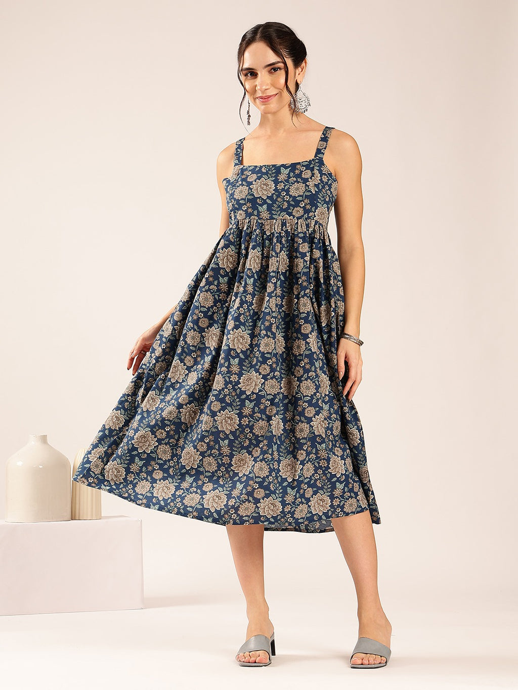 Midnight Bloom Cotton Floral Midi Dress for Women - Navy Blue