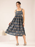 Midnight Bloom Cotton Floral Midi Dress for Women - Navy Blue