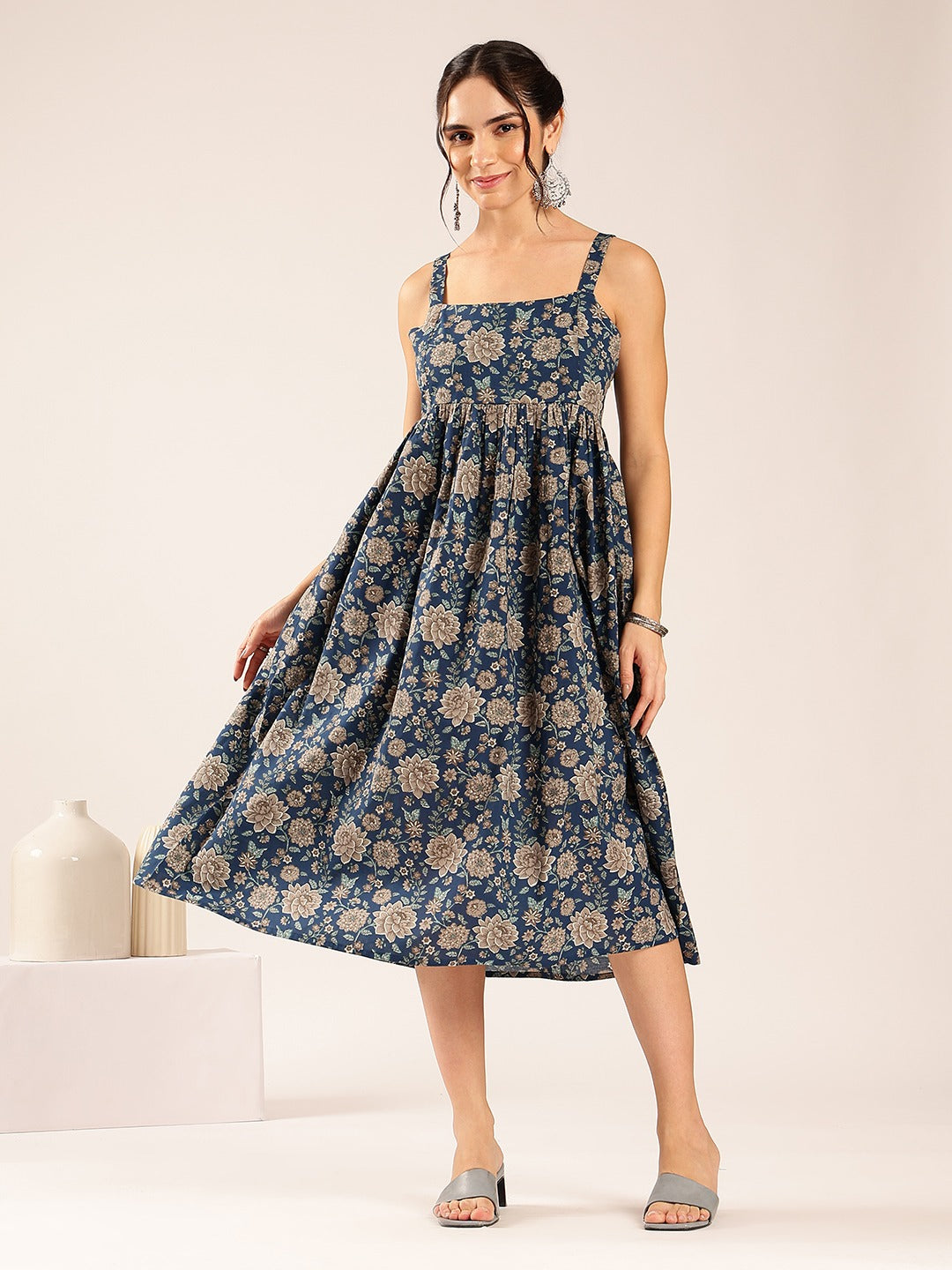 Midnight Bloom Cotton Floral Midi Dress for Women - Navy Blue