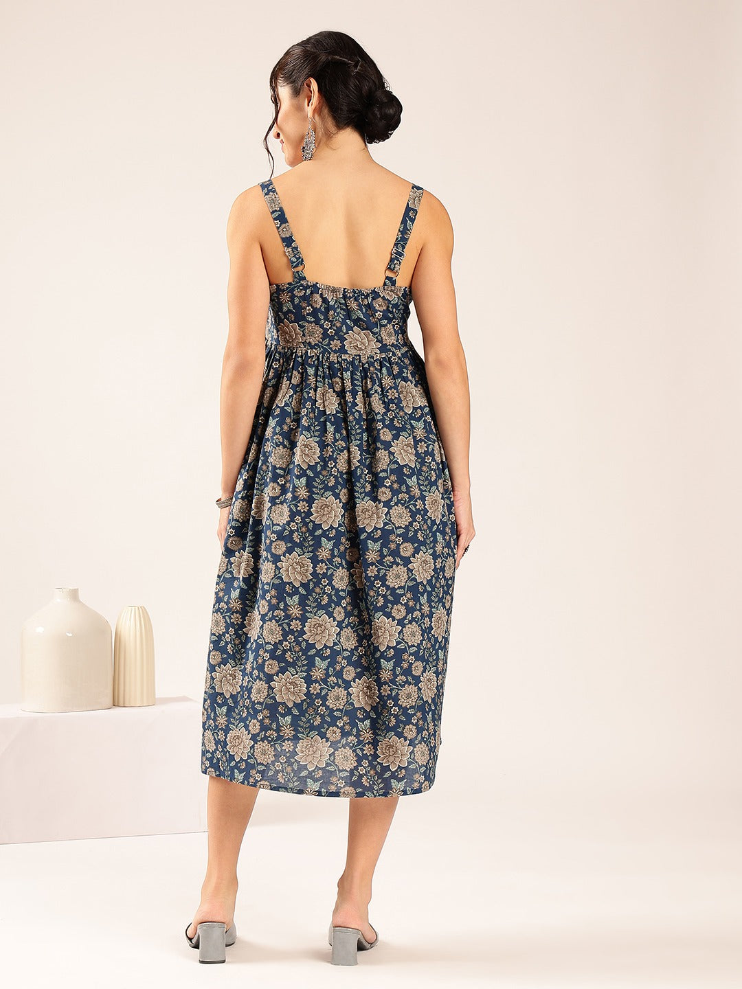 Midnight Bloom Cotton Floral Midi Dress for Women - Navy Blue