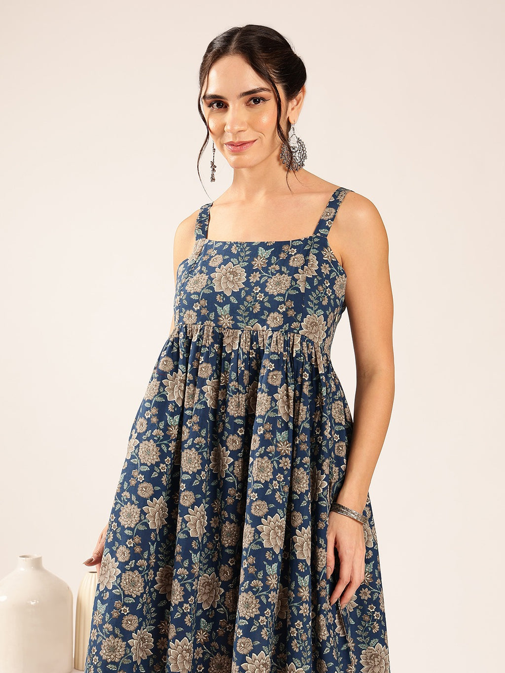 Midnight Bloom Cotton Floral Midi Dress for Women - Navy Blue